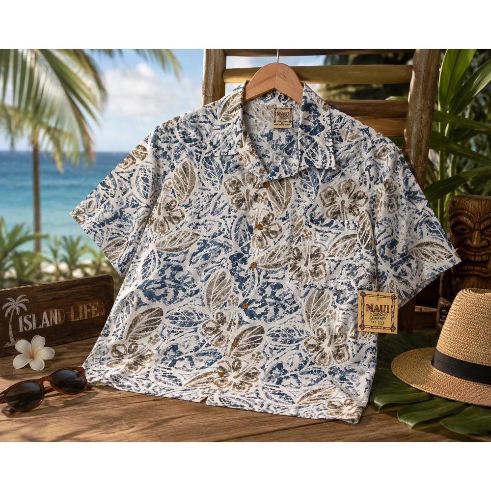Maui Trading Co Hawaiian Camp Shirt Men's XL Blue Floral Rayon Coconut Buttons
